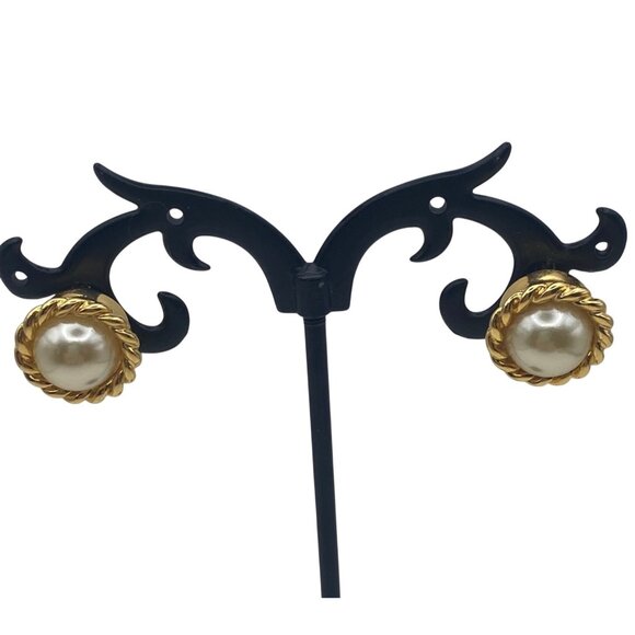KJL Kenneth J Lane Gold Tone Faux Pearl Stud Earrings Rope Twist Domed Vintage - Picture 5 of 11